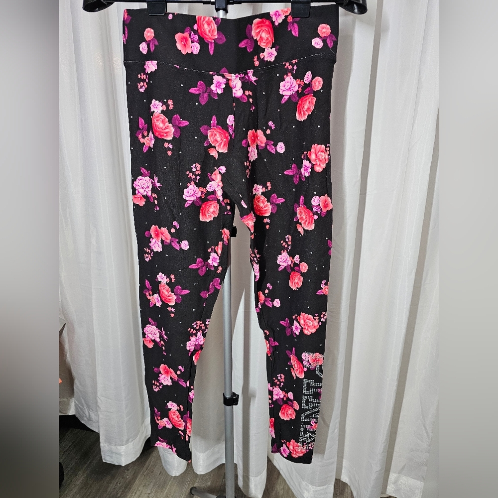 PINK Victoria's Secret Black and Pink Floral Leggings
